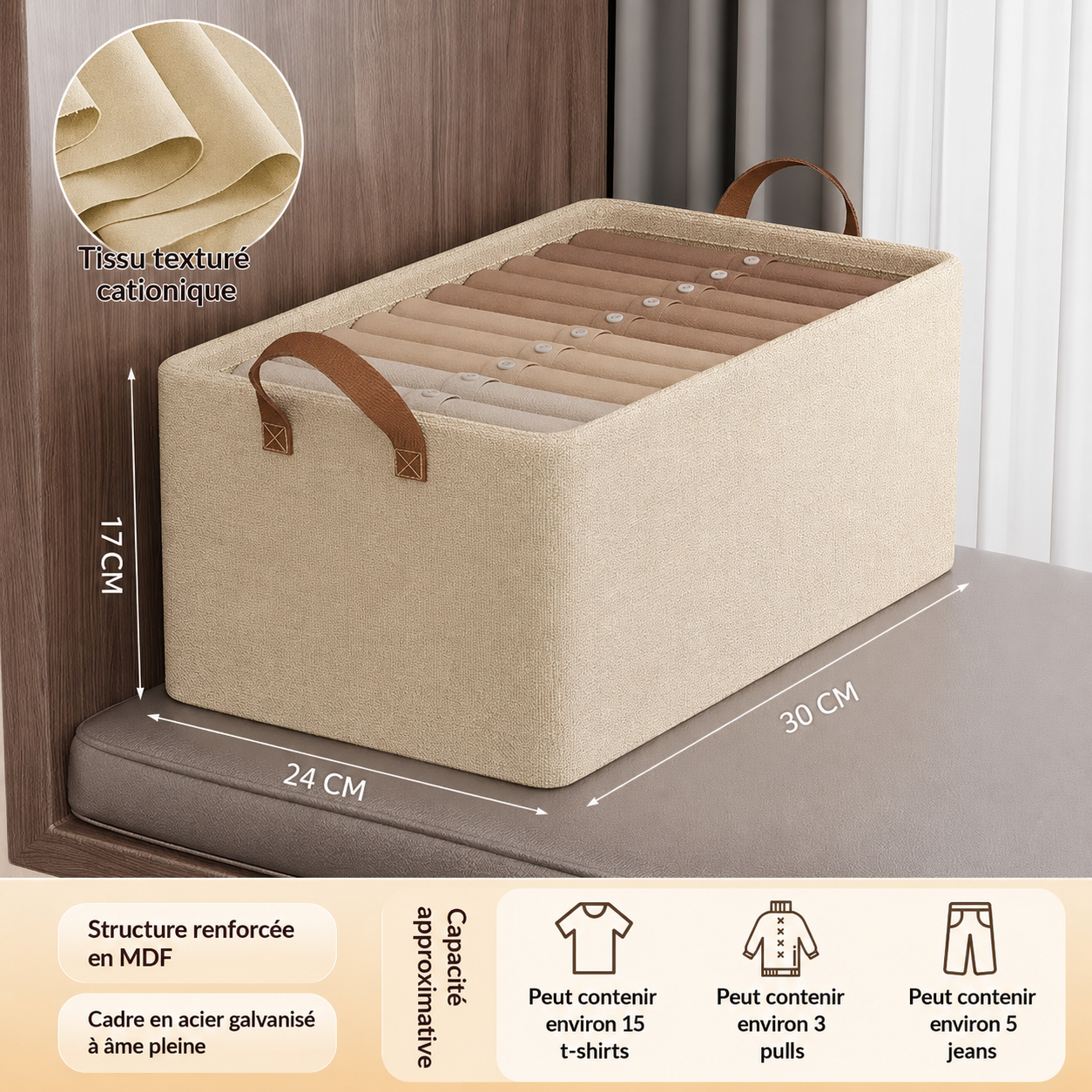 Boîte Organisatrice Sortlyn — Rangement Structuré en Tissu Premium pour Armoire