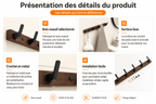 Porte-Manteau Mural en Bois — Crochets Métal Noir pour Entrée, Chambre et Salle de Bain