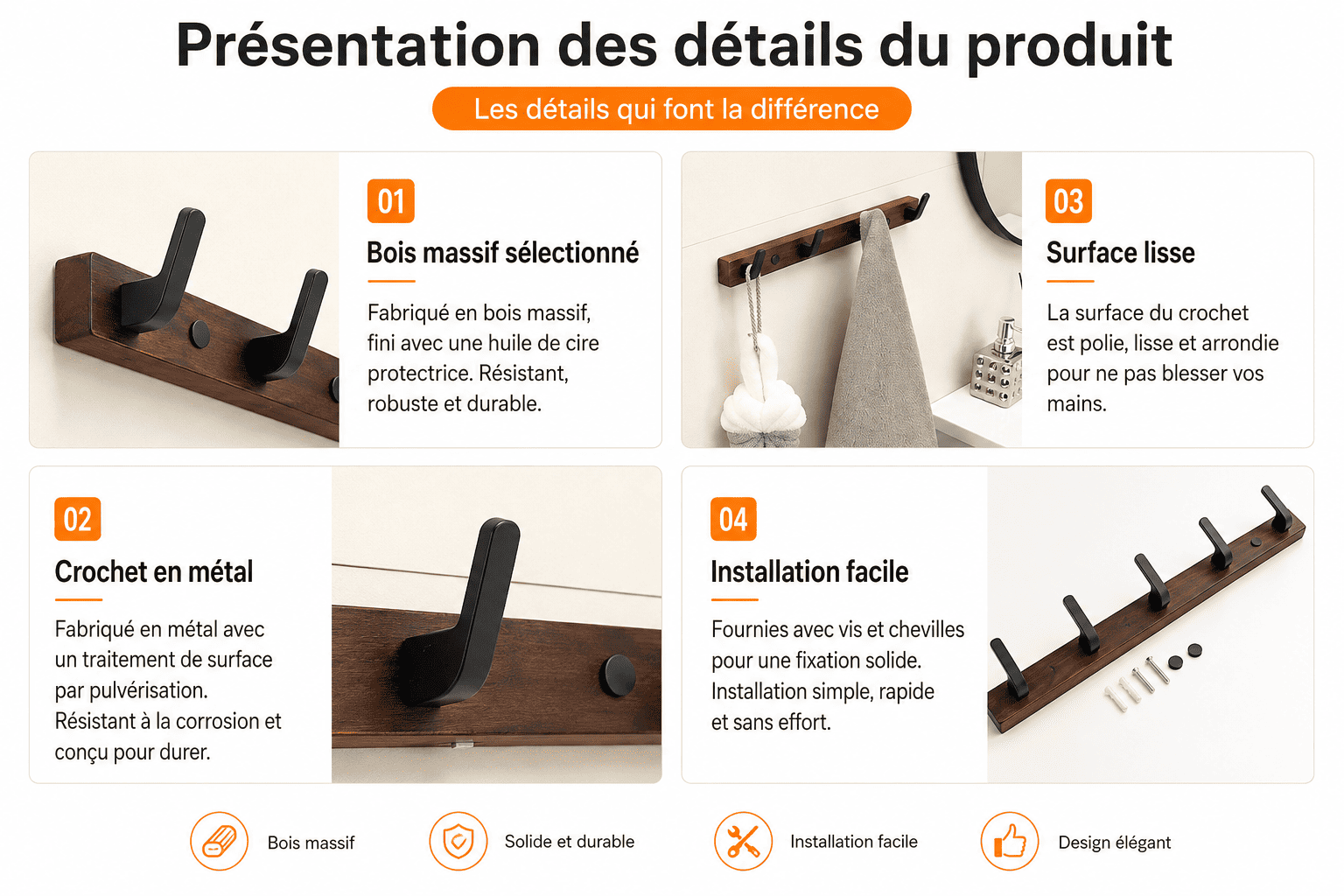Porte-Manteau Mural en Bois — Crochets Métal Noir pour Entrée, Chambre et Salle de Bain