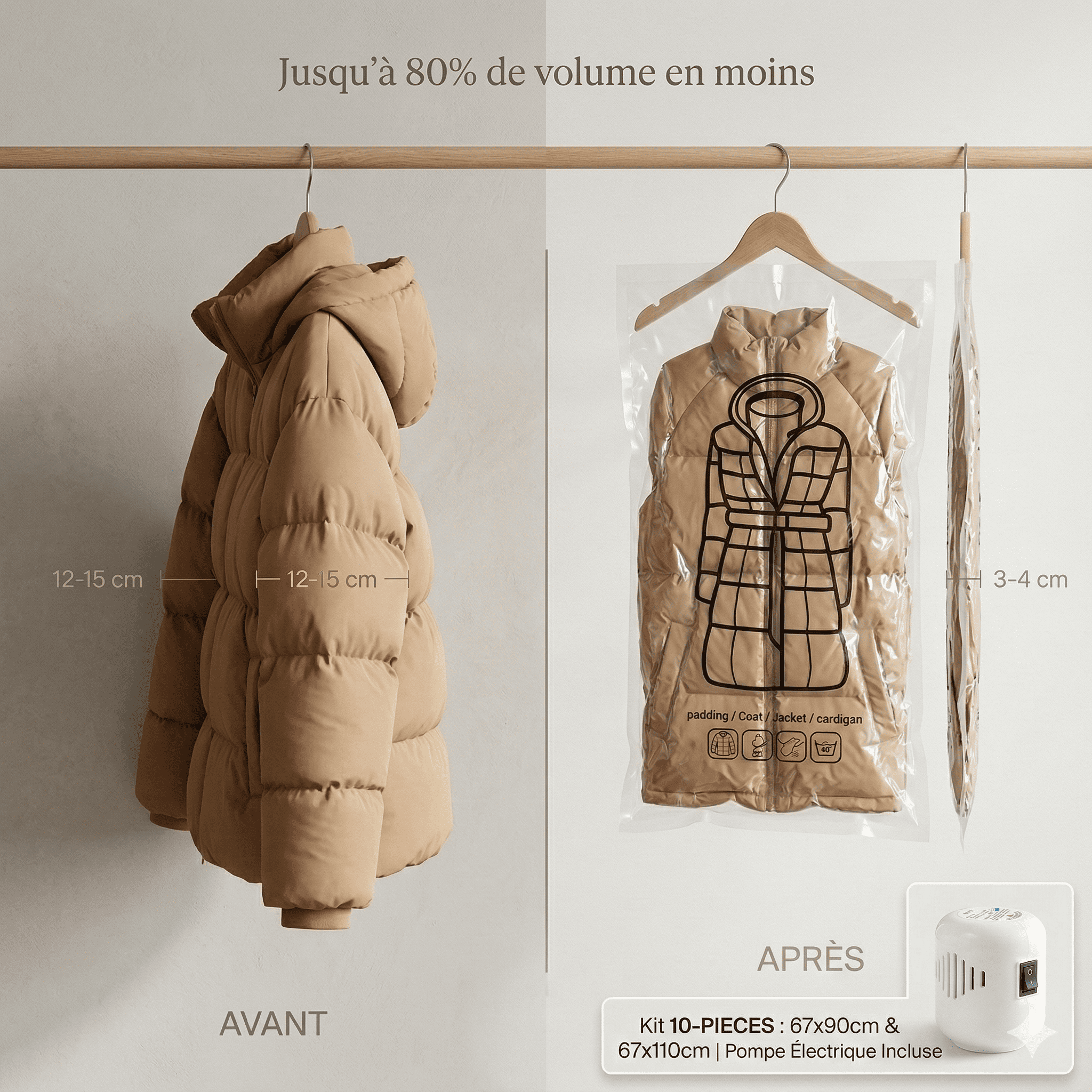 Kit Rangement Sous Vide Suspendu Sortlyn + Pompe Électrique (Jusqu'à -80% d'espace)